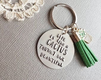 Inspirational Keychain, Succulent Gift, Cactus Gift, Personalized Gift, Custom KeyRing, Tassel KeyChain, Keytag, HandStamped Keyring, Keytag