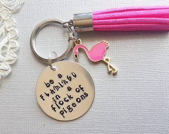 Inspirational Keychain, Flamingo Keyring, Personalized Gift, Custom Key Ring, Tassel KeyChain, Keytag, Hand Stamped Keyring, Gift for Her