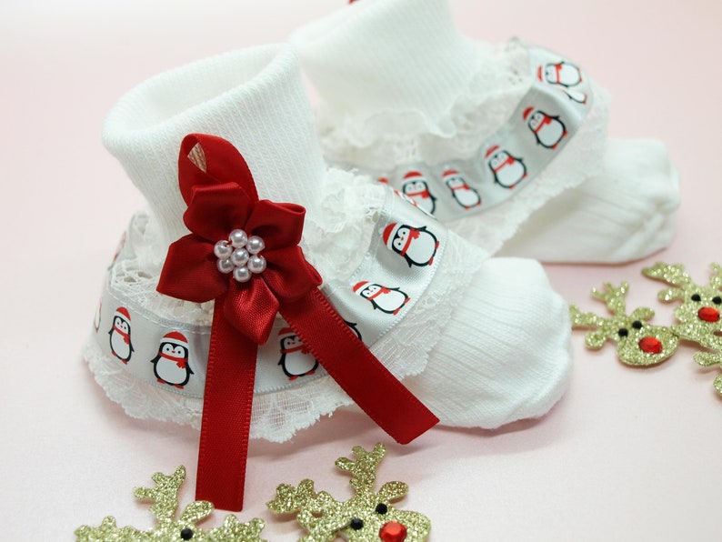 White Baby Girls Lace Frill Socks Tartan Ribbon Trim with Bows Size 0-3 Months