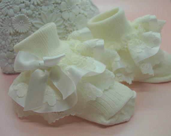 Baby Girls White Cream Silver Cross Frilly Lacy Christening Socks 4 Sizes