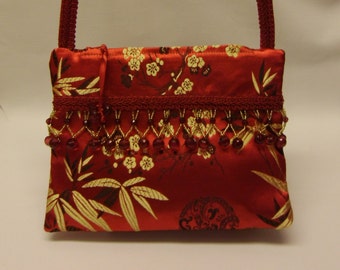 Red Oriental Print Satin Hip Purse with Red Beads and Shoulder Strap