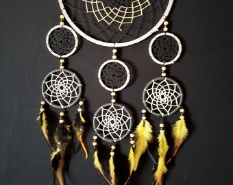 Large Dream catcher,unique, handmade, wall decor, black leather, black and yellow