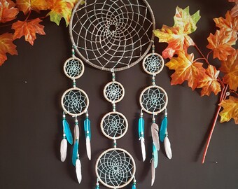 Receptor de sueños grandes, hecho a mano, decoración de la pared, cuero gris, colores naturales