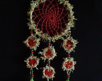 Medium Dream Catcher, handmade, unique, fluffy green and red