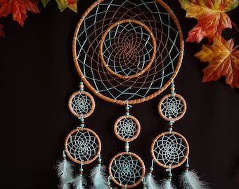Large Dream catcher, handmade, wall decor,brown and blue combination