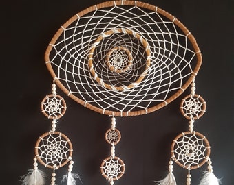 Gran Dream Catcher, decoración de pared única, blanco y dorado
