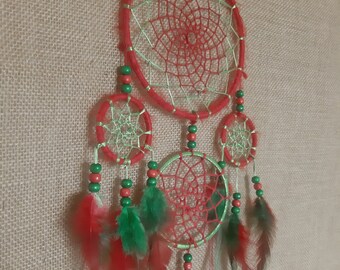 Atrapasueños mediano, hecho a mano, único, verde y rojo