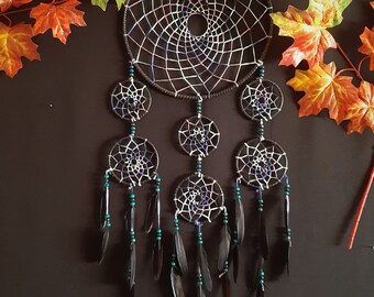 Receptor de sueños grandes, único, hecho a mano, cuero negro, colorido