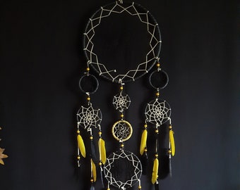 Large Dream catcher,unique, handmade, black leather, black and yellow feathers