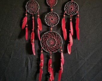 Large Dream catcher,unique, handmade, black leather, black and red feathers