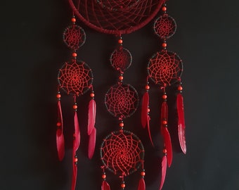 Large Dream catcher,unique, handmade, black leather, black and red feathers