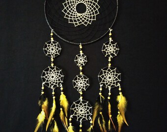 Large Dream catcher,unique, handmade, wall decor, black leather, black and yellow