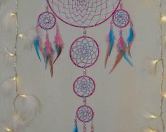 Large Dream Catcher, Dreamcatcher, handmade, wall decor, home decor, turquoise with pink