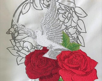 Dove Floral Wreath, Rose, Dove, Wreath Machine Embroidery File, Instant Download