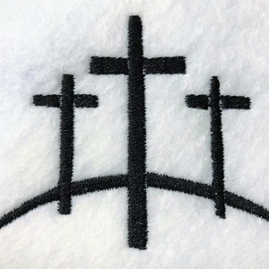 May include: Three black crosses with a curved line at the base, symbolizing the crucifixion of Jesus Christ.