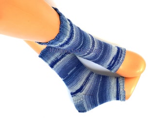 Striped Blue Yoga Socks with Heel: Hand Knit Wool Pilates Socks