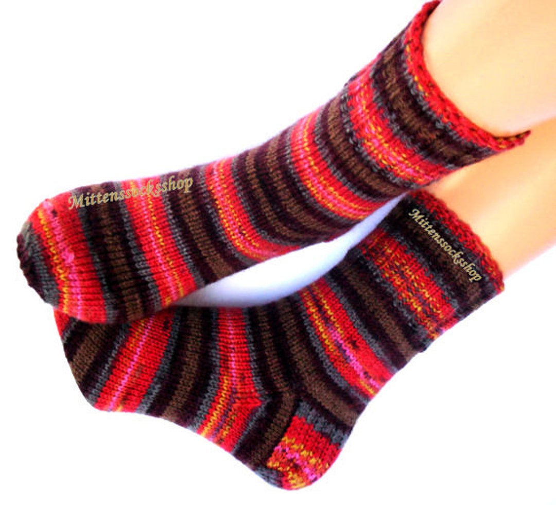 Red Brown Hand Knit Socks, Striped Womens Socks, Colorful Girls Socks ...