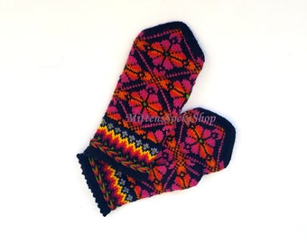 Hand Knit Wool Latvian Mittens: Purple Pink Yellow Scandinavian Winter Gloves