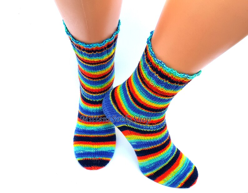 Hand Knitted Rainbow Socks: Colorful Striped Winter Leg Warmers - Etsy