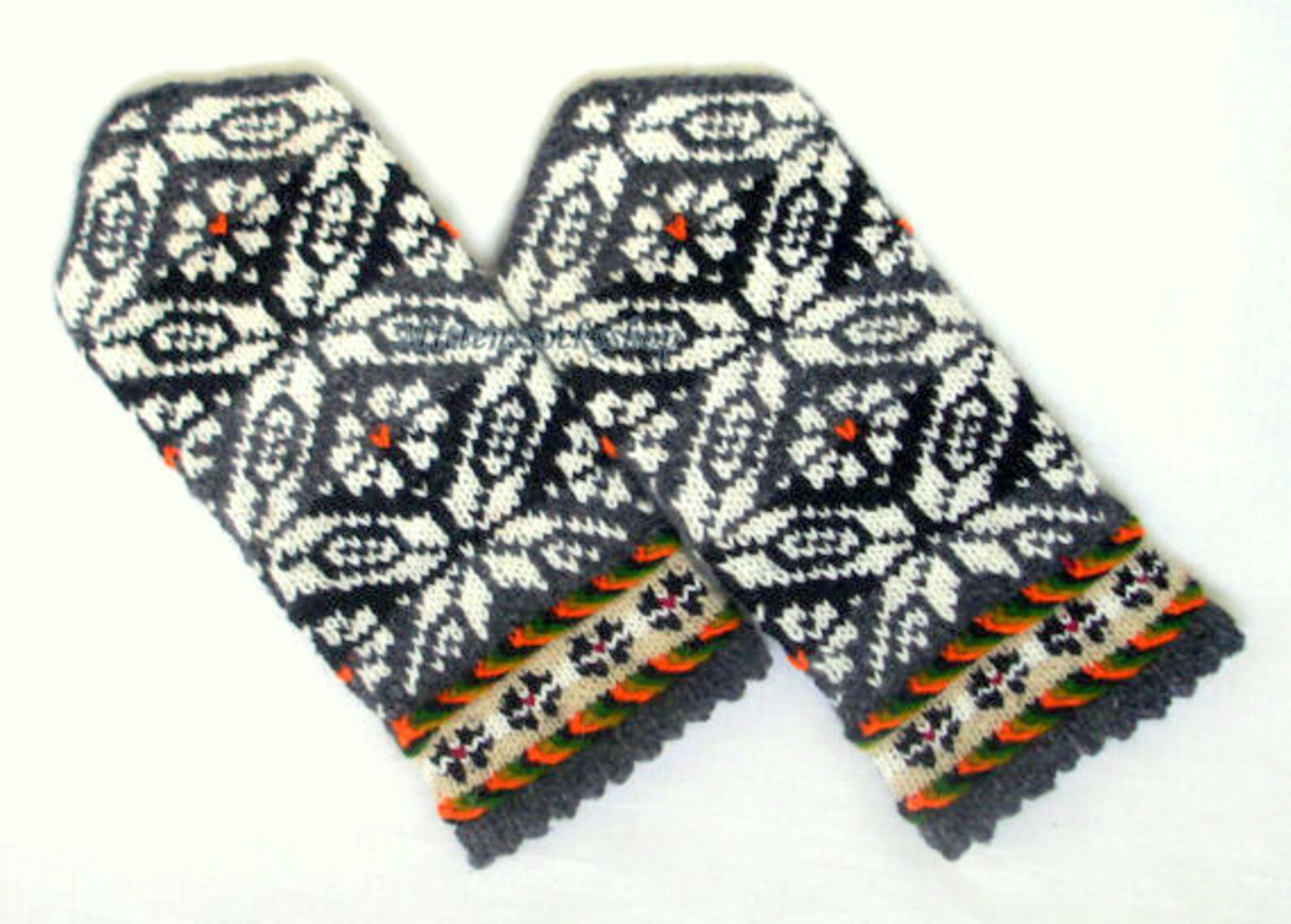 Hand Knitted Wool Mittens Black Gray White Mittens Latvian Etsy