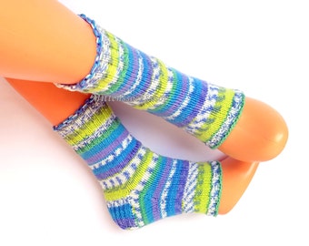 Blue Green Hand Knit Yoga Socks with Heel, Dance Socks, Summer Socks, Striped Socks, Pilates Socks, Pedicure Socks, Spa Socks, Leg Warmers