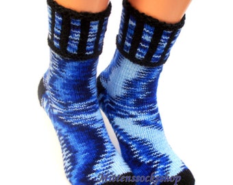 Chaussettes bleues noires tricotées à la main, Chaussettes bleues pour femmes, Chaussettes bleues pour fille, Chaussettes bleues noires pour hommes, Chaussettes bleues colorées, Chaussettes chaudes, Chaussettes d'hiver