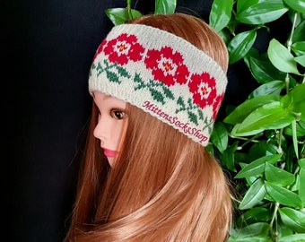 Hand Knit Ear Warmer, Wool Headband, Knit Headband, Fair Isle Headband, Nordic Headband, White Red Headband, Winter Headband, Ski Headband