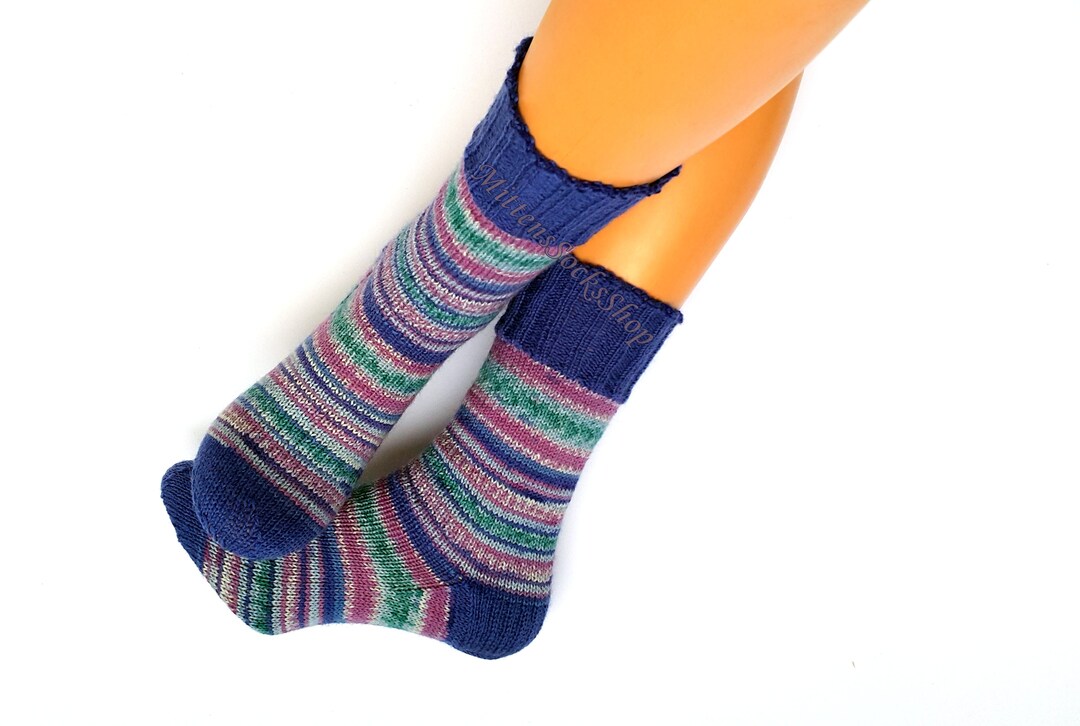 Hand Knitted Blue Lilac Green Socks, Colorful Socks, Stylish Womens ...
