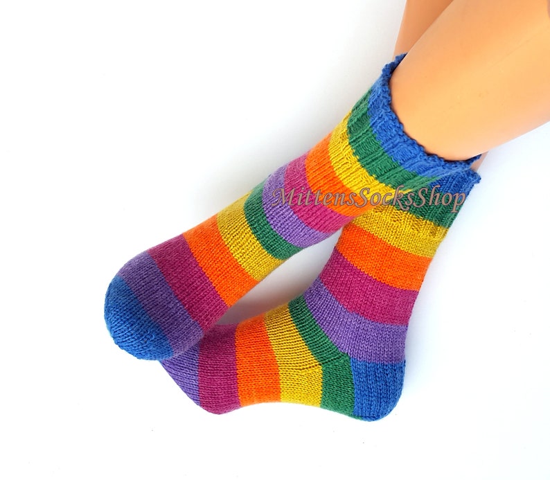 Hand Knit Rainbow Socks, Adult Socks, Warm Socks, Bright Socks, Colorful Striped Womens Socks, Winter Socks for Mens, Girls Socks, Gift idea image 9