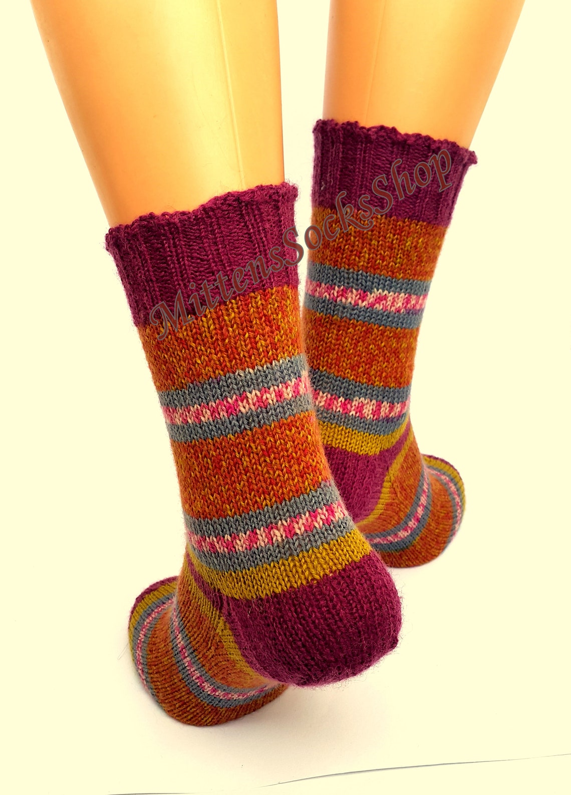 Hand Knit Red Yellow Socks Striped Women's Socks Stylish - Etsy