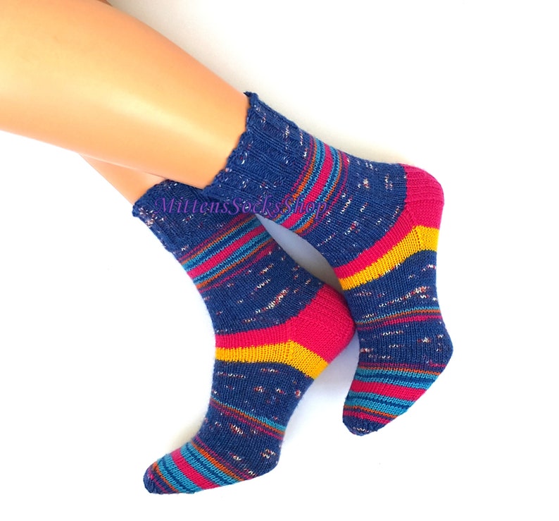 Hand Knit Blue Pink Yellow Socks Colorful Stylish Womens Socks | Etsy
