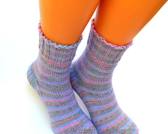 Hand Knit Socks, Blue Pink Gray Socks, Blue Pink Womens Socks, Blue Pink Striped Socks, Girls Socks, Mens Socks, Winter Socks, Warm Socks