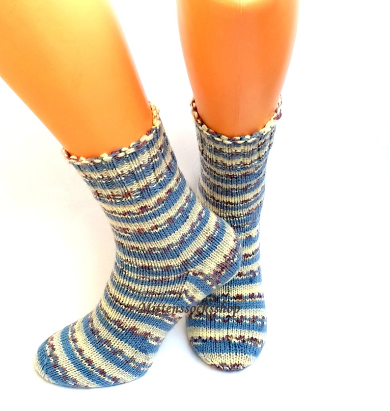 Blue White Gray Hand Knitted Socks, Blue White Womens Socks, Blue White ...