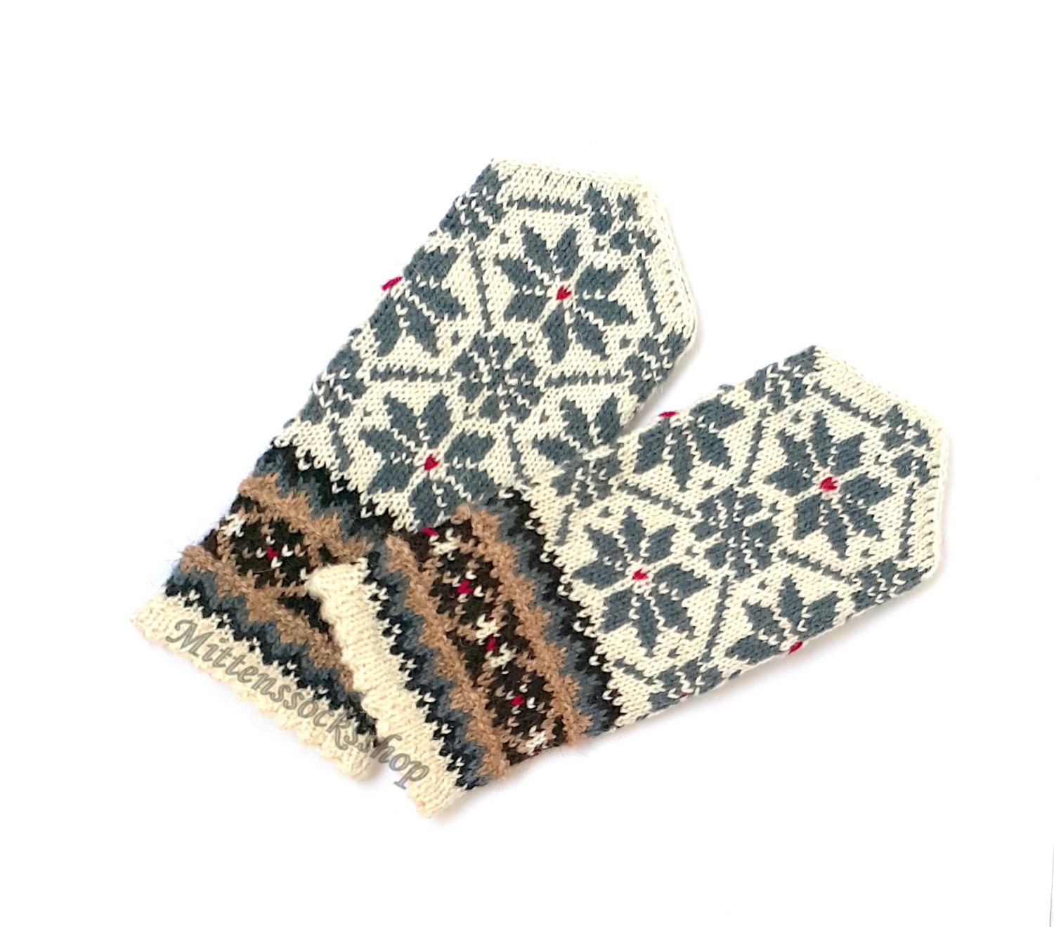 Gray White Hand Knitted Mittens, Wool Mittens, Latvian Mittens, Hand