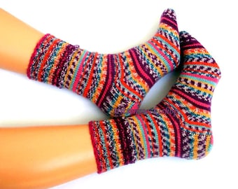 Multicolor Socks, Hand Knit Socks, Wool Socks, Striped Colorful Socks, Girls Socks, Womens Socks, Warm Socks, Mens Socks, Winter Socks, Gift