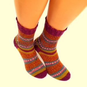 Hand Knit Red Yellow Socks, Striped Womens Socks, Stylish Girls Socks ...