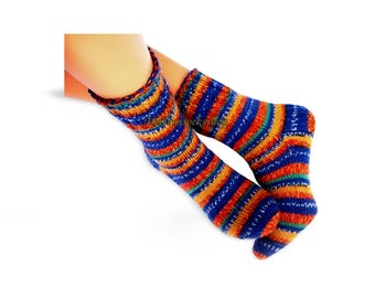 Hand Knit Wool Socks: Blue Orange Striped Winter Leg Warmers
