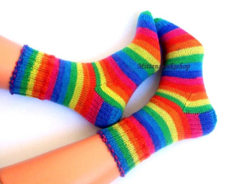 Hand Knit Rainbow Socks, Adult Socks, Warm Socks, Bright Socks, Colorful Striped Womens Socks, Winter Socks for Mens, Girls Socks, Gift idea image 7