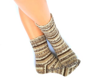 Beige Brown White Socks, Hand Knitted Socks, Womens Socks, Girls Socks, Mens Socks, Warm Socks, Winter Socks, Striped Socks, Gift for Her