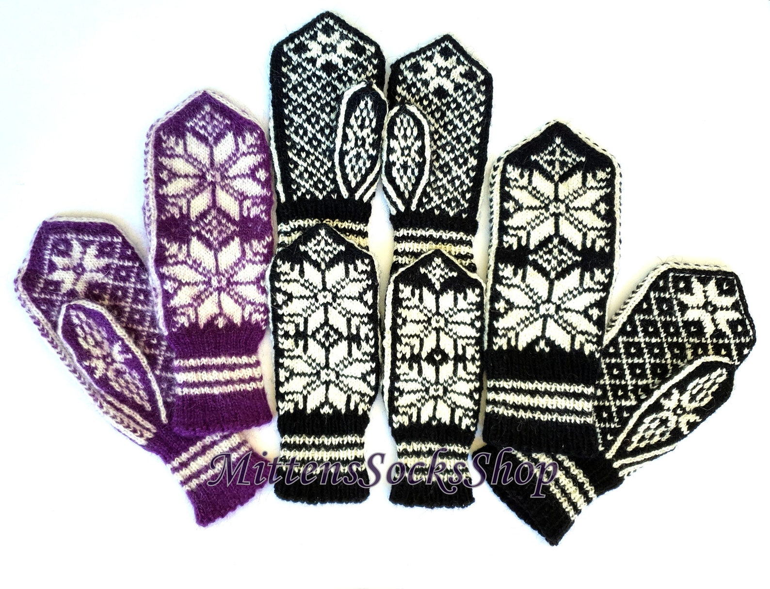 Hand Knit Wool Mittens Purple White Mittens Black White Etsy