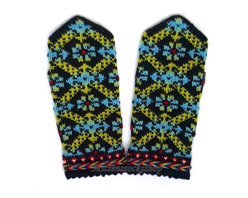 Hand Knitted Blue Green Black Mittens, Latvian Mittens, Blue Green Black Gloves, Wool Mittens, Wool Gloves, Unisex Mittens, Winter Mittens image 6