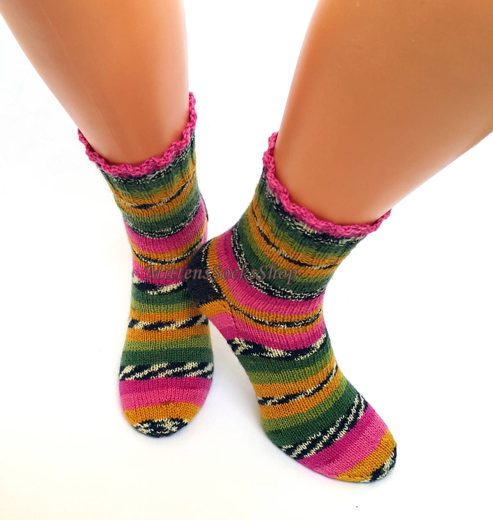 Pink Green Yellow Black Hand Knitted Socks Rainbow Socks - Etsy