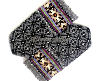 Gray Black Mittens, Hand Knitted Wool Mittens, Gray Black Gloves, Wool Gloves, Unisex Mittens, Patterned Latvian Mittens, Winter Mittens