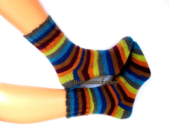 Hand Knitted Socks Blue Yellow Striped Socks Colorful Blue | Etsy