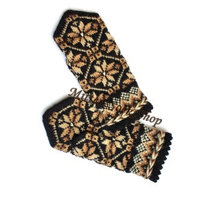 Hand Knit Black Beige Mittens, Latvian Mittens, Nordic Mittens, Wool Mittens, Scandinavian Mittens, Wool Gloves, Warm Gloves, Winter Mittens
