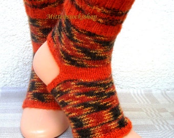 Hand Knit Yoga Socks, Wool - Acrylic Blend Orange Black Leg Warmers