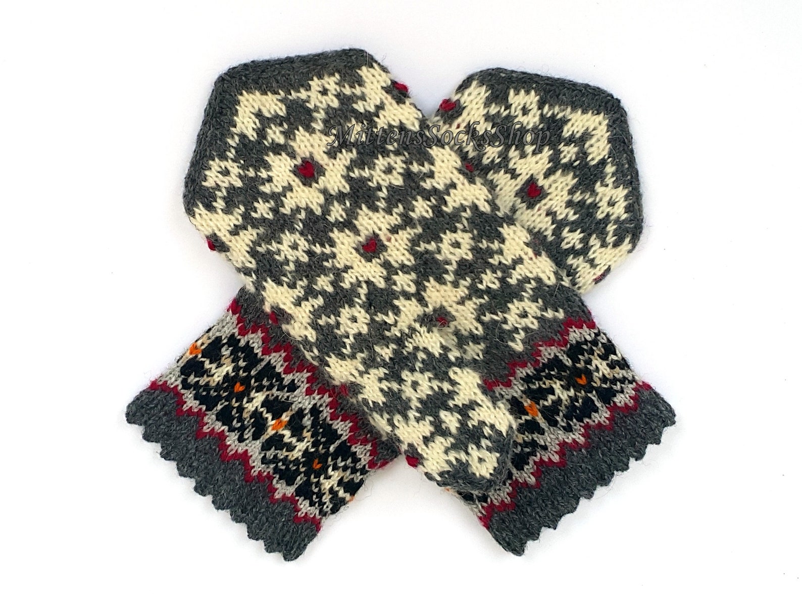 Latvian Wool Mittens, Gray White Hand Knitted Wool Mittens, Hand Knit