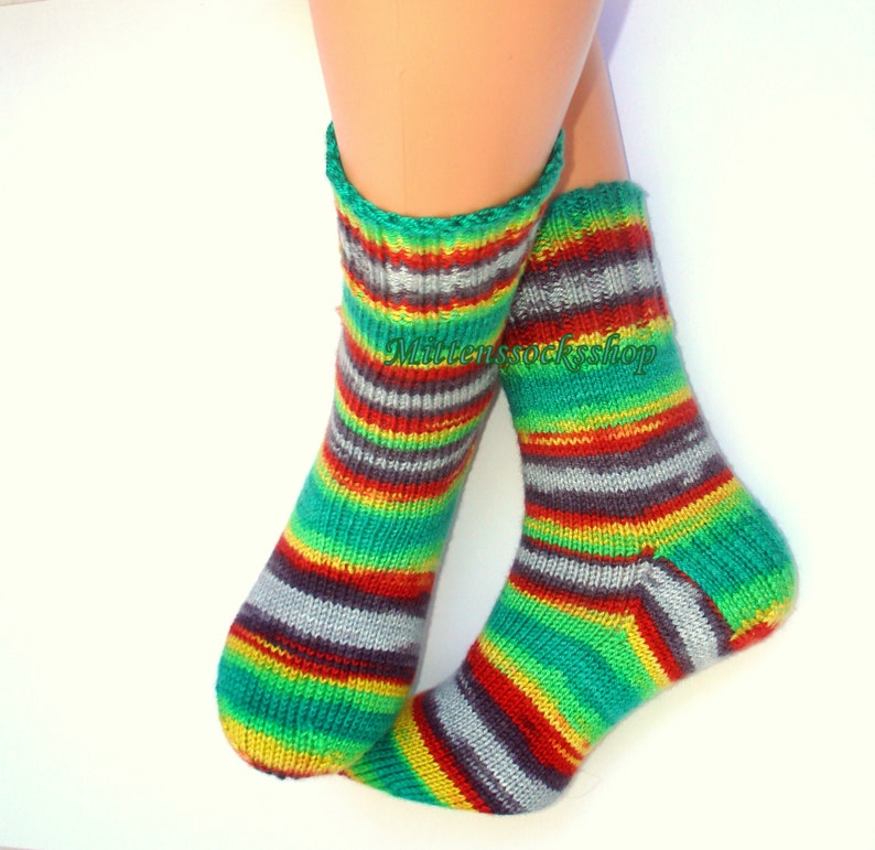 Green Red Gray Yellow Hand Knit Socks, Green Red Striped Socks, Gray ...