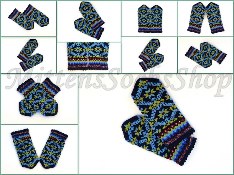 Hand Knitted Blue Green Black Mittens, Latvian Mittens, Blue Green Black Gloves, Wool Mittens, Wool Gloves, Unisex Mittens, Winter Mittens image 2