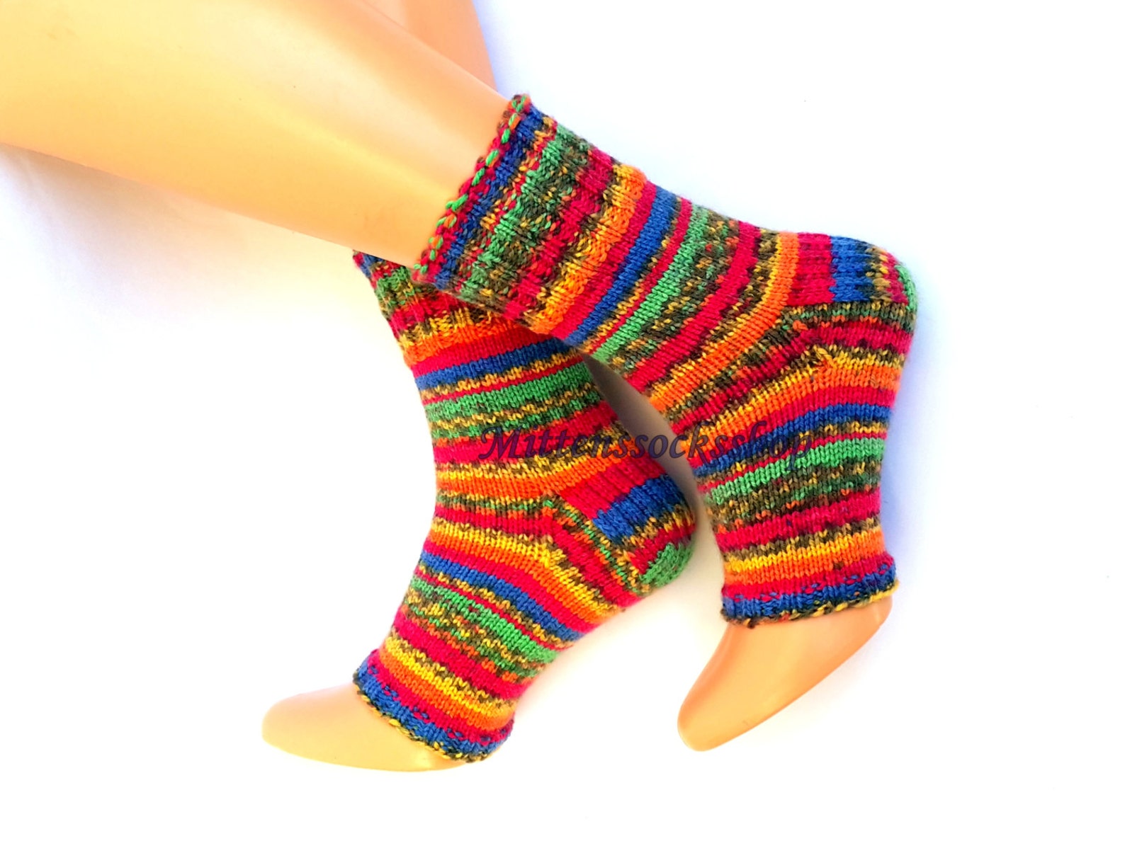 Hand Knit Rainbow Yoga Socks With Heel, Rainbow Womens Yoga Socks ...